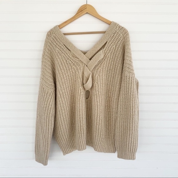 Foreign Exchange Tan Beige Chunky Knit Oversized Sweater Size M/L - Picture 2 of 4